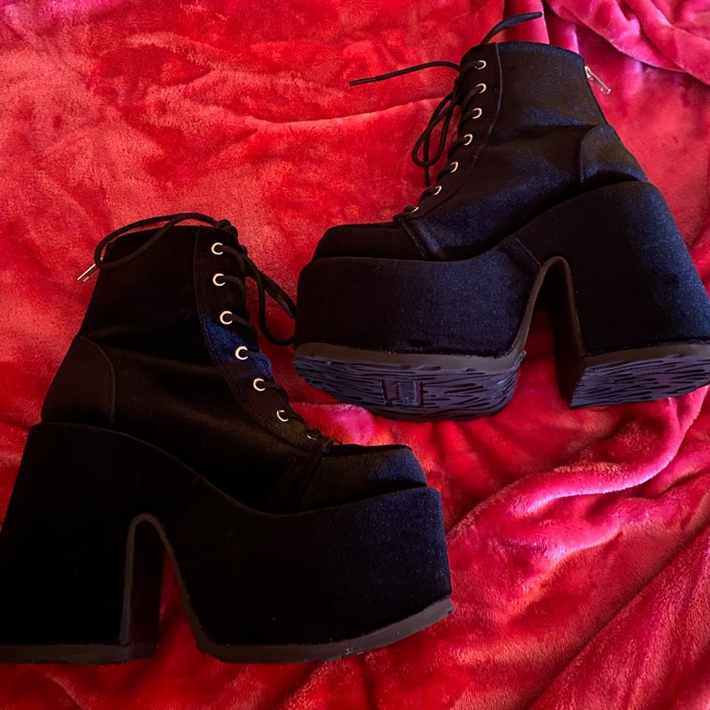 Demonia Black Velvet Platform Lace-Up Ankle Boots